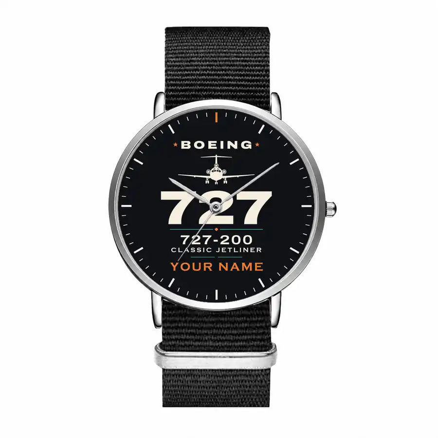 Boeing 727-200 - Heritage + Name - Slim Leather - Silver and Black Nylon Strap