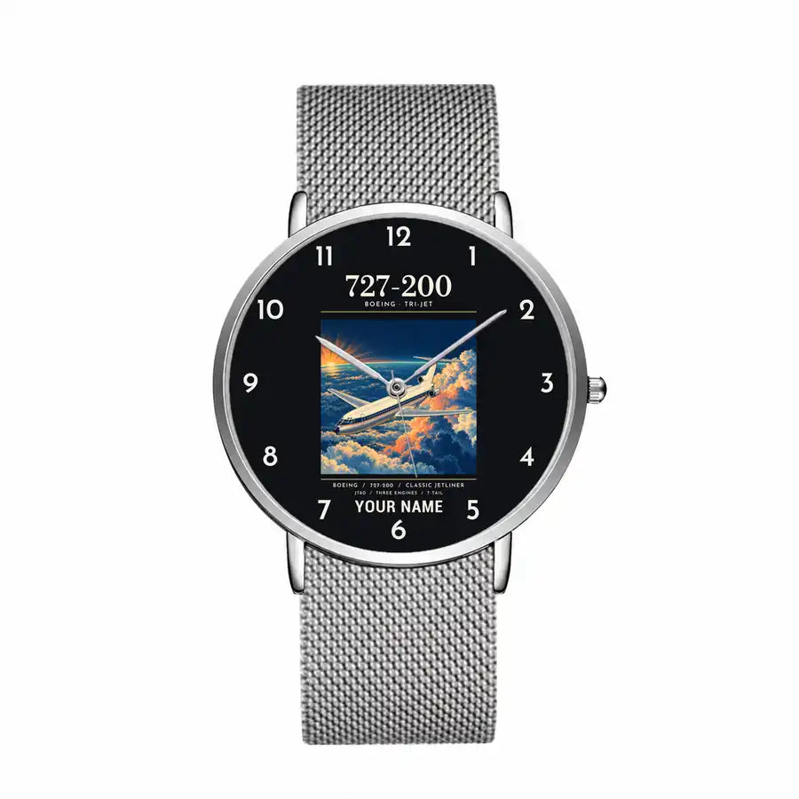 Boeing 727-200 - Poster + Name - Slim Mesh - Silver and Silver Stainless Steel Strap