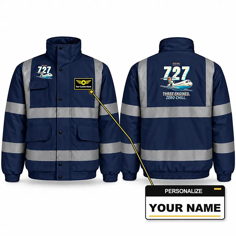 Boeing 727-200 Reflective Winter Jackets - Cartoon + Name - Navy Blue