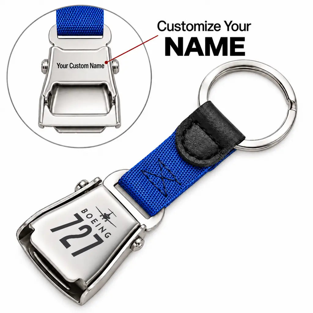 Boeing 727-200 - Seat Belt Key Chain - Heritage + Name - Blue