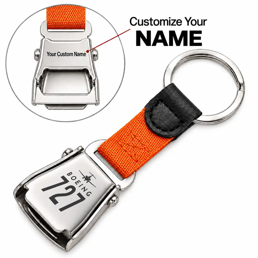 Boeing 727-200 - Seat Belt Key Chain - Heritage + Name - Orange
