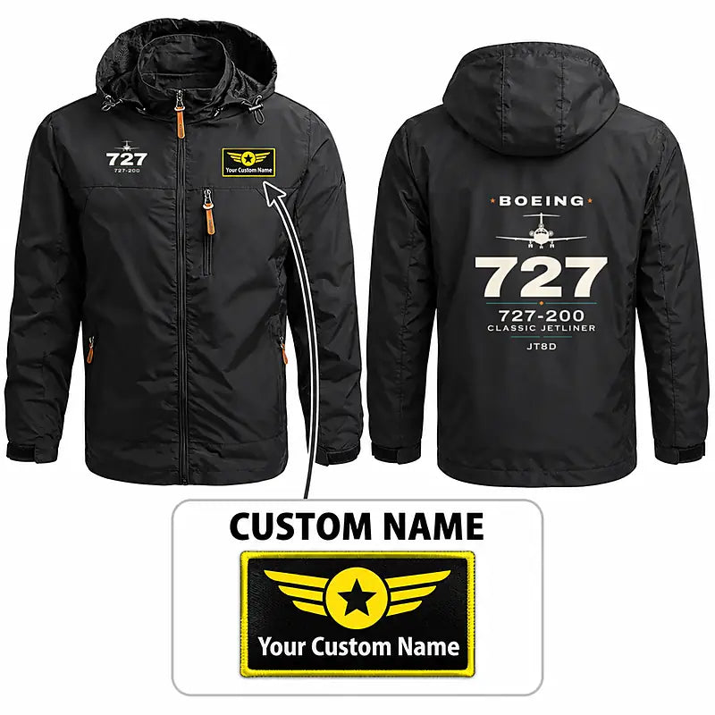 Boeing 727-200 Stylish Jackets - Hooded Windbreaker - Heritage + Name - Black