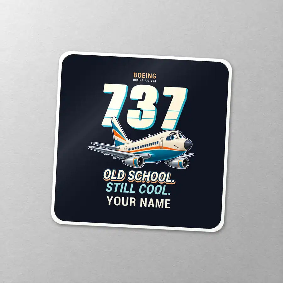 Boeing 737-200 - Cartoon + Name - Square Sticker - Close-up