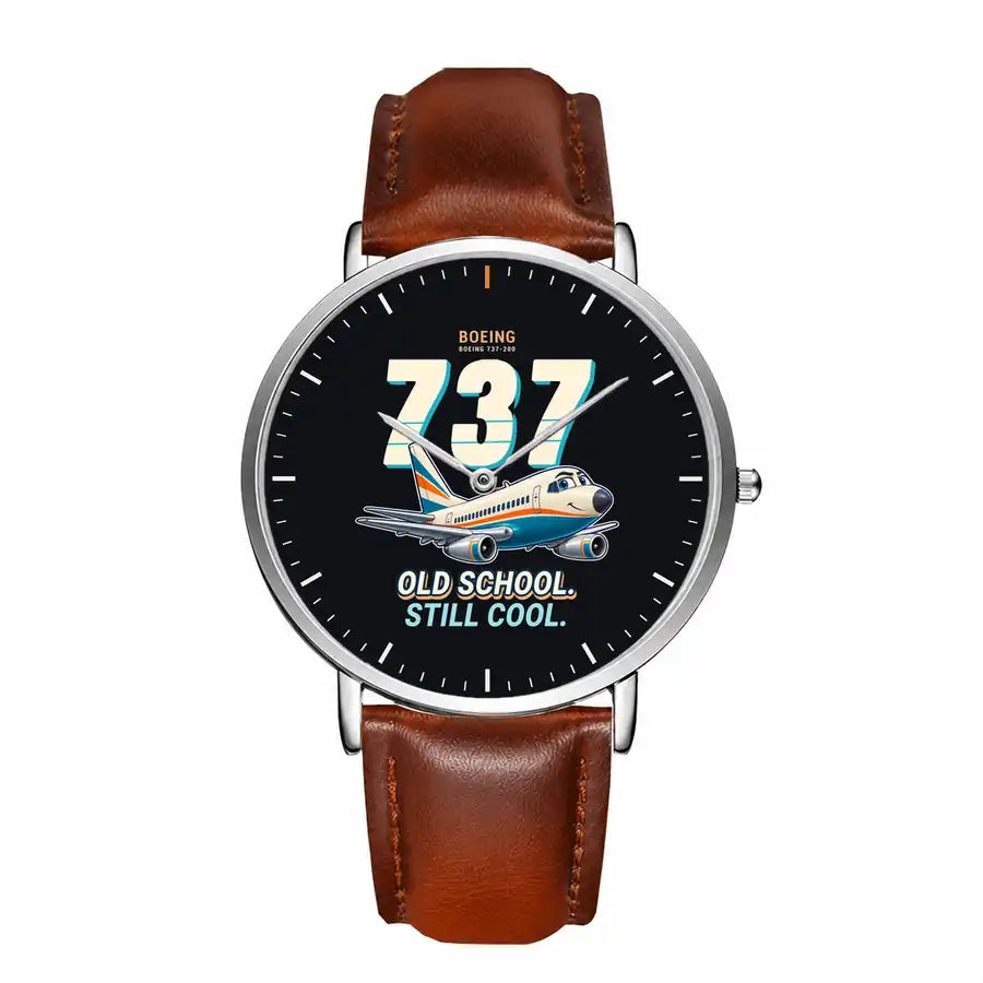 Boeing 737-200 - Cartoon - Slim Leather - Silver and Brown Leather Strap