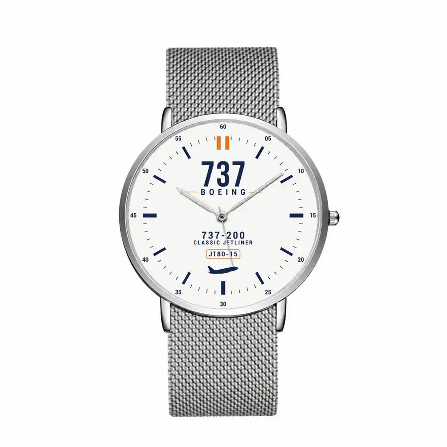 Boeing 737-200 - Classic - White - Slim Mesh - Silver and Silver Stainless Steel Strap
