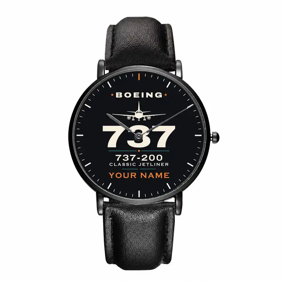 Boeing 737-200 - Heritage + Name - Slim Leather - Black and Black Leather Strap