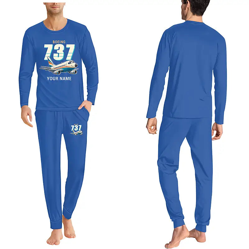 Boeing 737-200 - Men Pajamas - Cartoon Chest + Name - Blue