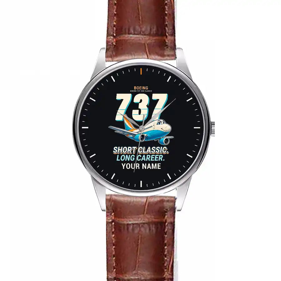 Boeing 737-500 Classic - Cartoon + Name - Leather Strap - Striped Brown Leather Strap