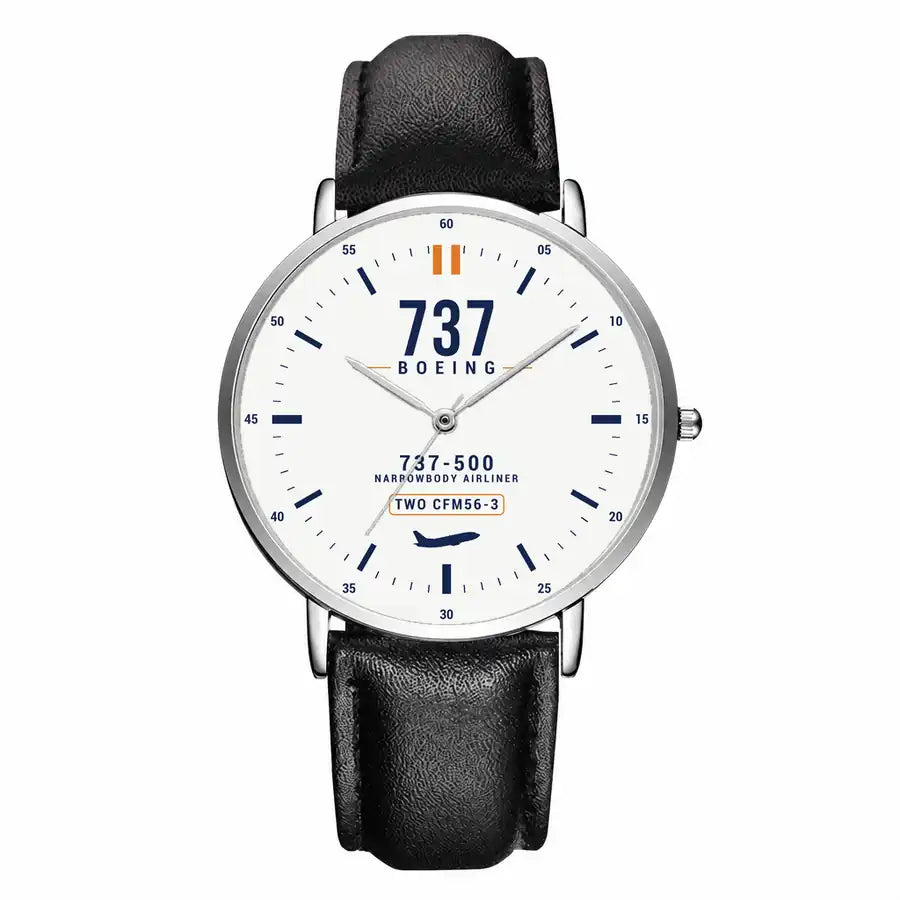 Boeing 737-500 Classic - Classic - White - Slim Leather - Silver and Black Leather Strap