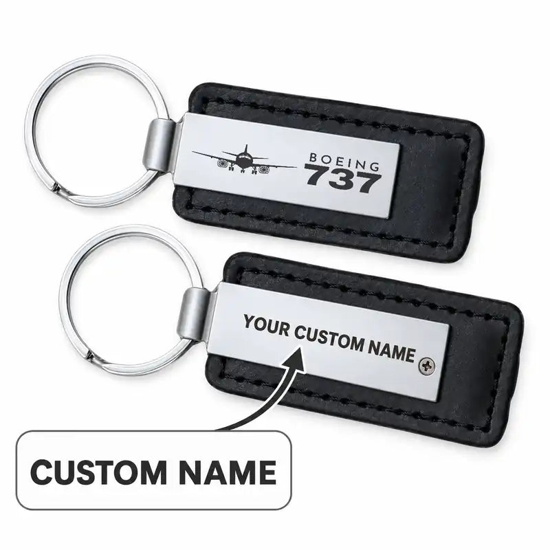 Boeing 737-500 Classic - Leather Key Chain - Faux Leather - Heritage - Black + Name