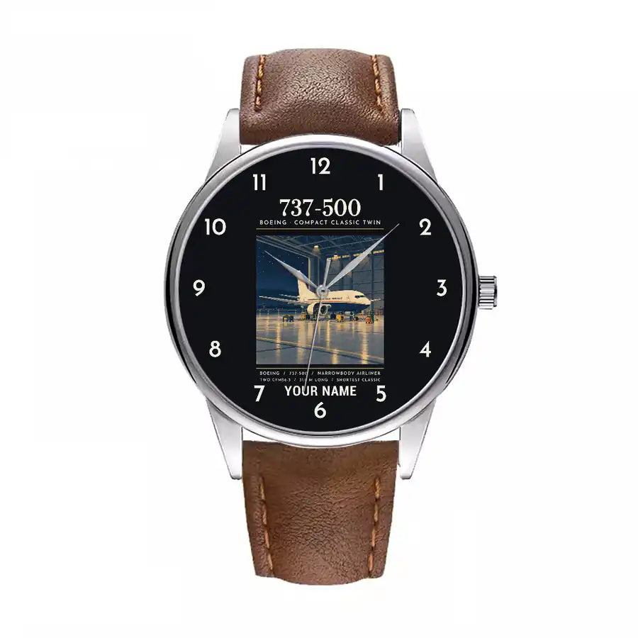 Boeing 737-500 Classic - Poster + Name - Leather Strap - Brown Leather Strap