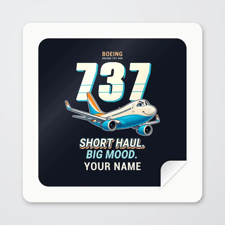 Boeing 737-800 NG - Cartoon + Name - Square Sticker - Peel