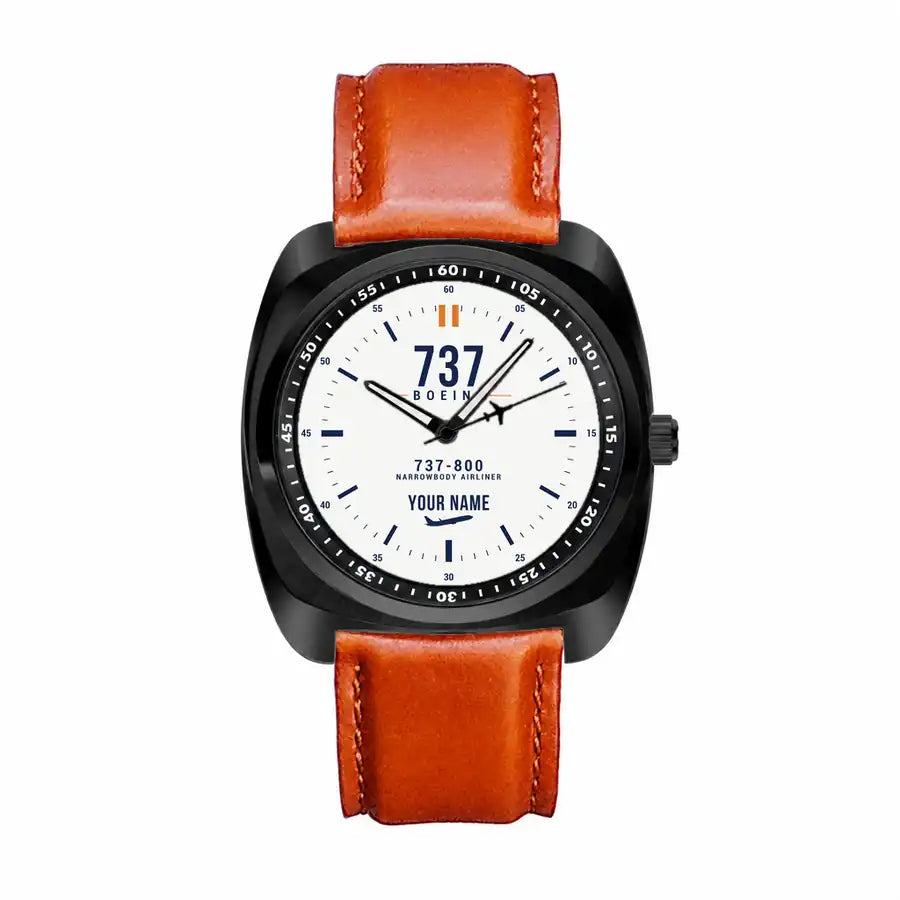 Boeing 737-800 NG - Classic - White + Name - Luxury Cushion - Black and Light Brown Strap