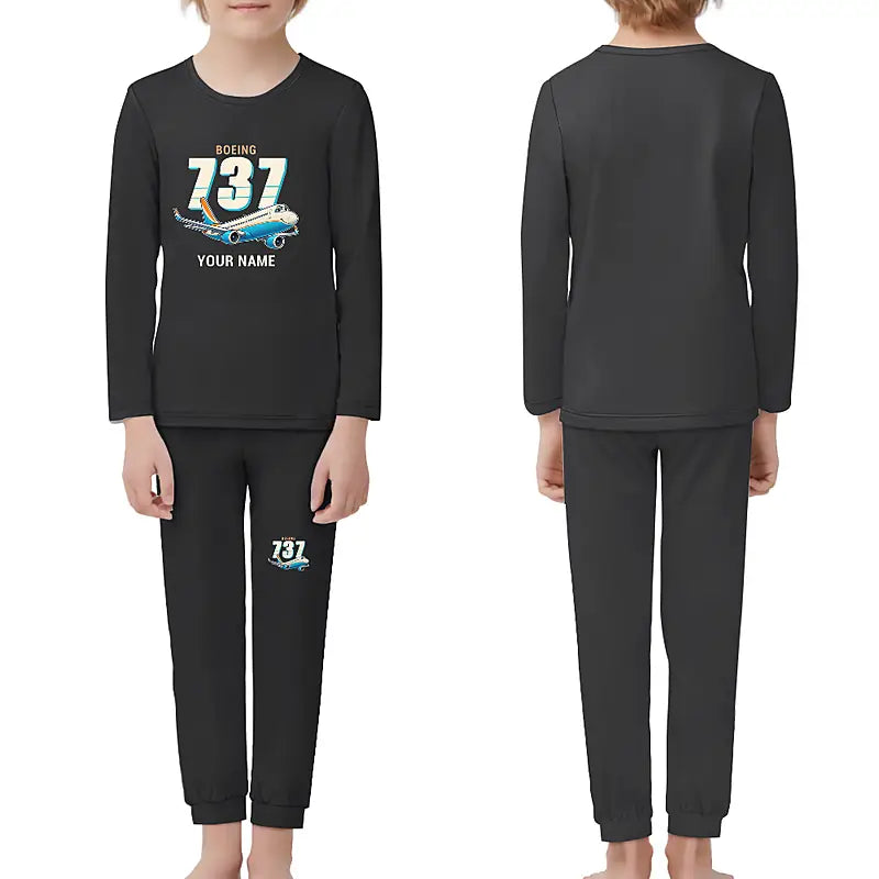Boeing 737-900ER - Children Pajamas - Cartoon Chest + Name - Black