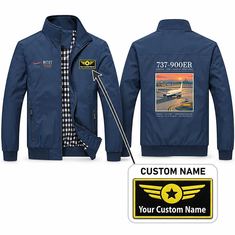 Boeing 737-900ER Stylish Jackets - Stand Collar - Poster + Name - Navy Blue