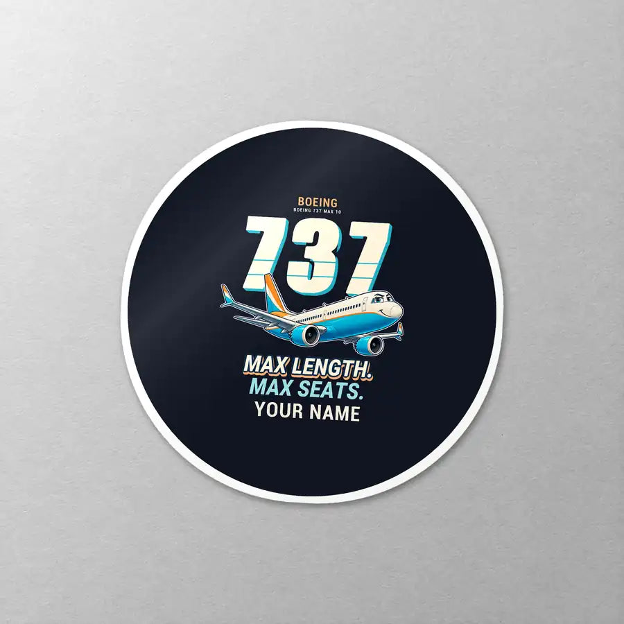 Boeing 737 MAX 10 - Cartoon + Name - Circle Sticker - Close-up
