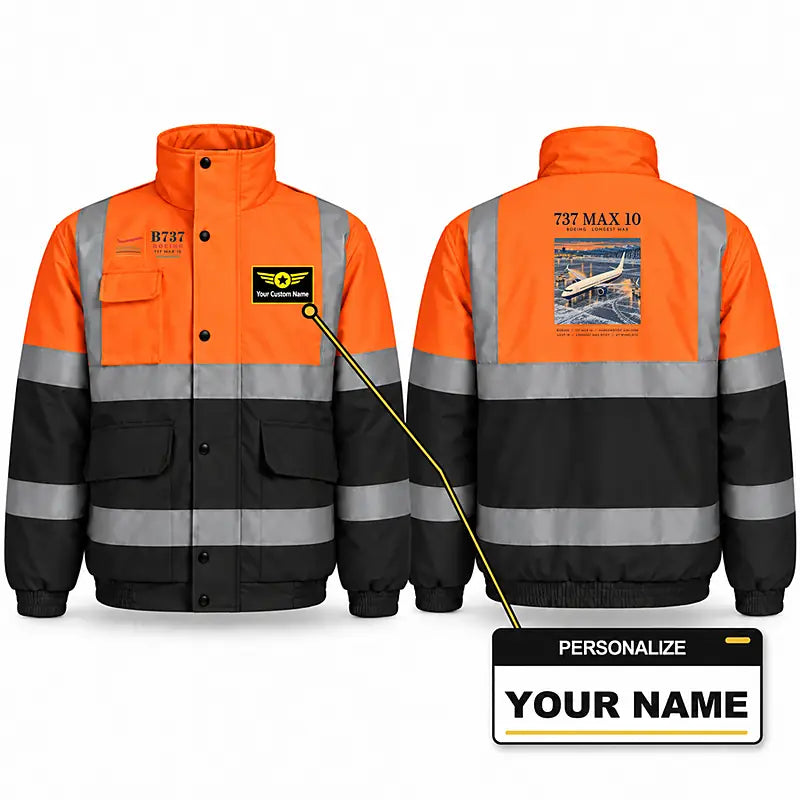 Boeing 737 MAX 10 Reflective Winter Jackets - Poster + Name - Orange & Navy