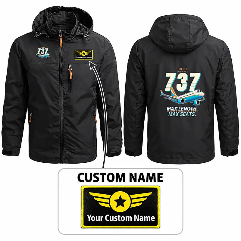 Boeing 737 MAX 10 Stylish Jackets - Hooded Windbreaker - Cartoon + Name - Black