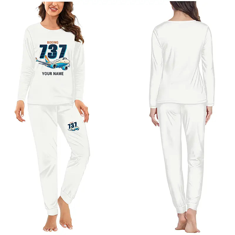 Boeing 737 MAX 7 - Women Pajamas - Cartoon Chest + Name - White