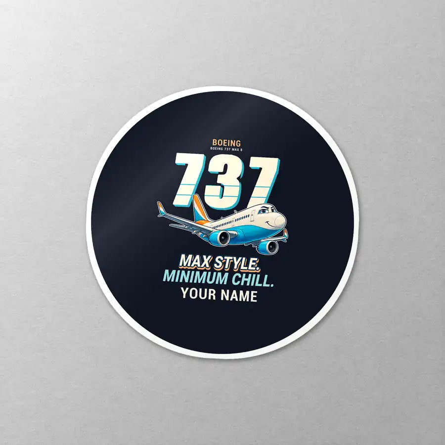 Boeing 737 MAX 8 - Cartoon + Name - Circle Sticker - Close-up