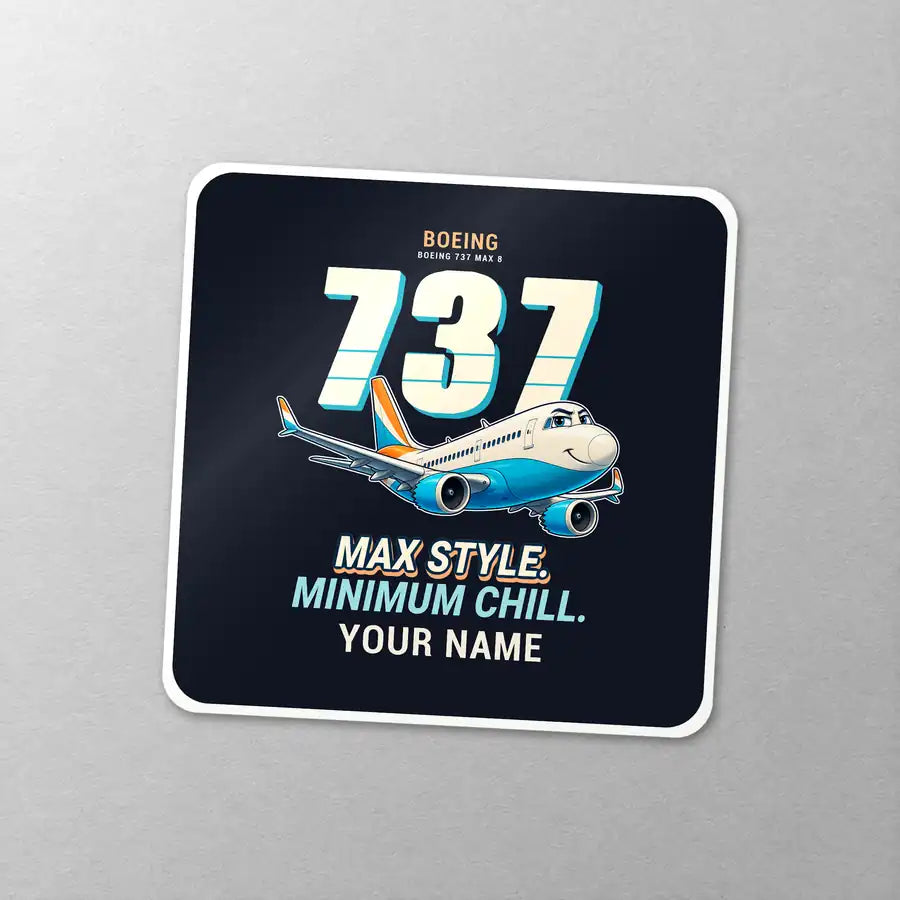 Boeing 737 MAX 8 - Cartoon + Name - Square Sticker - Close-up