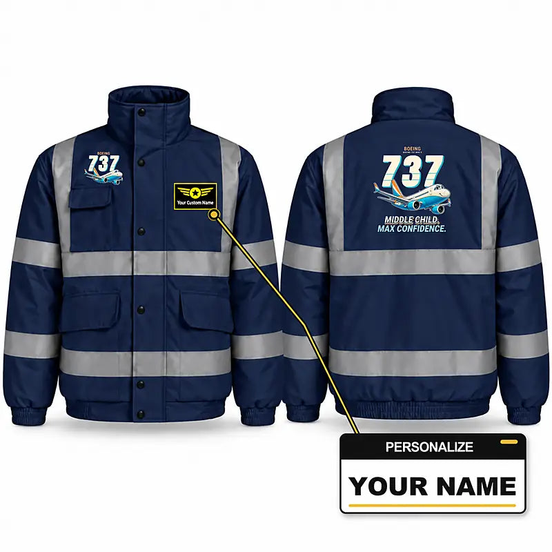 Boeing 737 MAX 9 Reflective Winter Jackets - Cartoon + Name - Navy Blue