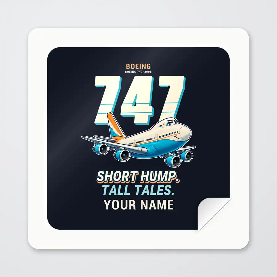 Boeing 747-200B - Cartoon + Name - Square Sticker - Peel