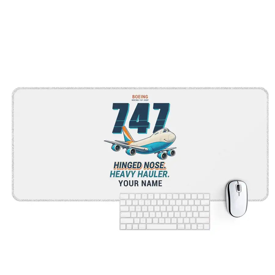 Boeing 747-200F - Cartoon + Name - Desk Mat - White