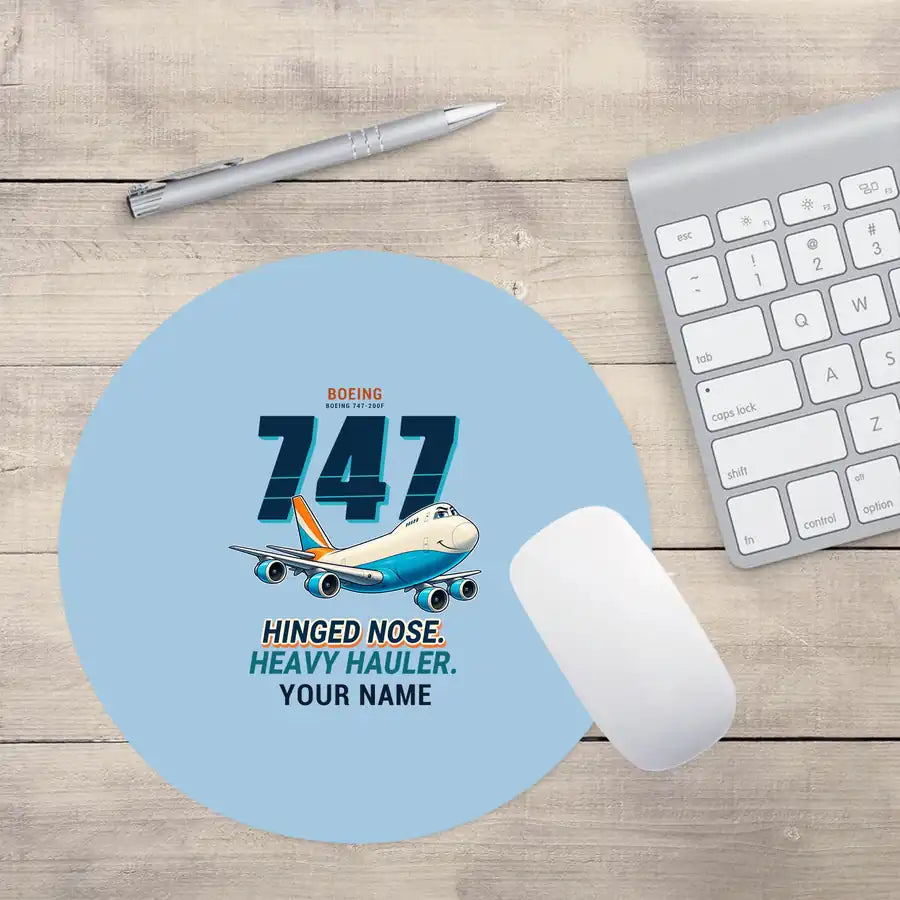Boeing 747-200F - Cartoon + Name - Round Mouse Pad - Light Blue