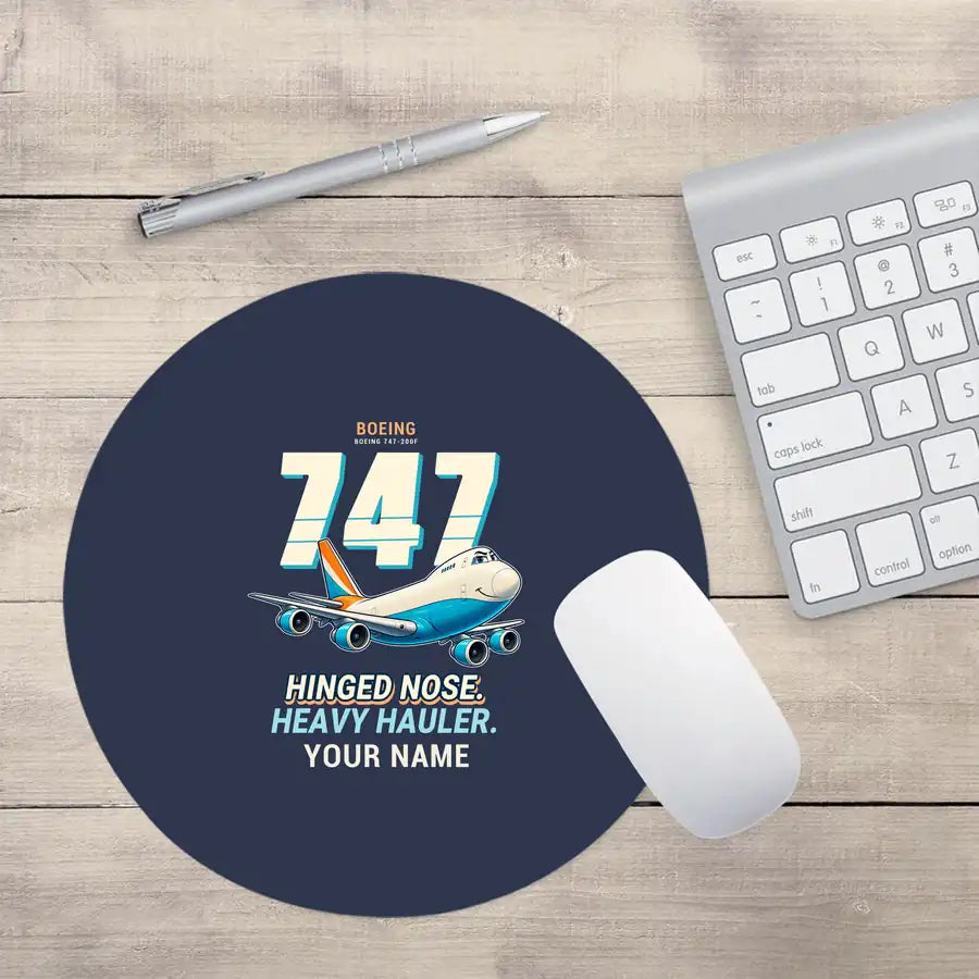 Boeing 747-200F - Cartoon + Name - Round Mouse Pad - Navy Blue