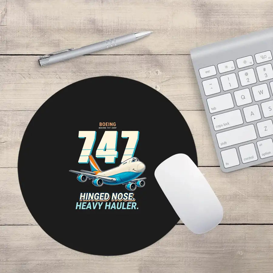 Boeing 747-200F - Cartoon - Round Mouse Pad - Black