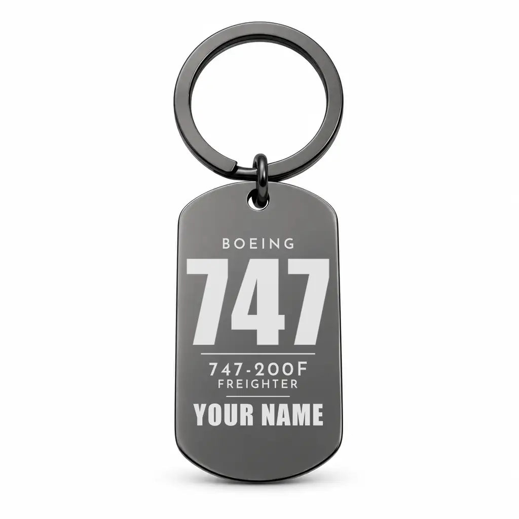 Boeing 747-200F - Key Chain - Tag + Name - Black
