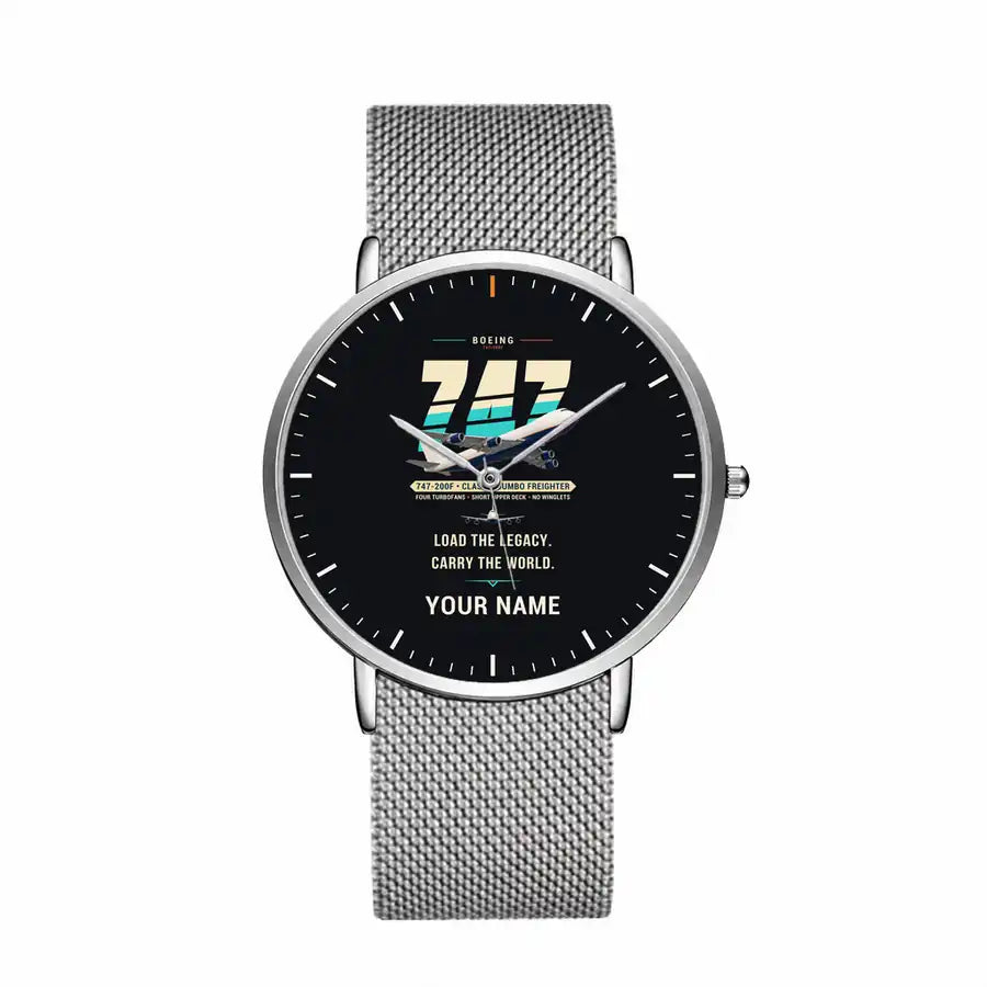 Boeing 747-200F - Original + Name - Slim Mesh - Silver and Silver Stainless Steel Strap