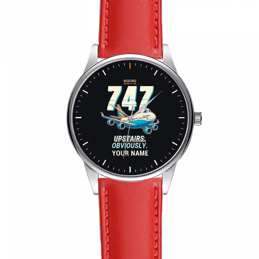 Boeing 747-400 - Cartoon + Name - Leather Strap - Red Leather Strap