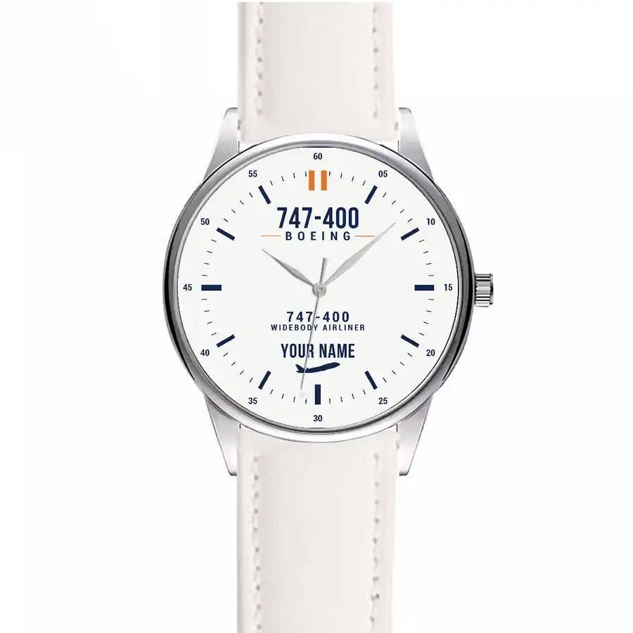 Boeing 747-400 - Classic - White + Name - Leather Strap - White Leather Strap