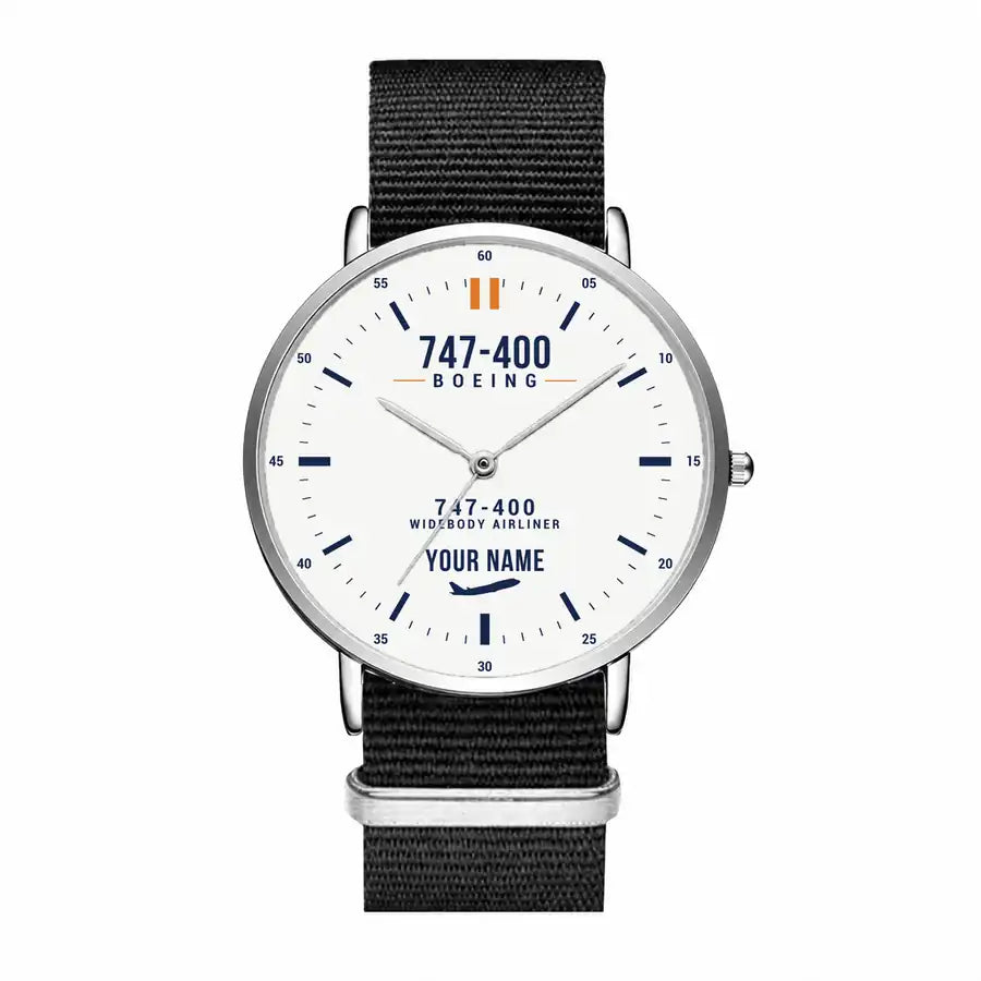 Boeing 747-400 - Classic - White + Name - Slim Leather - Silver and Black Nylon Strap
