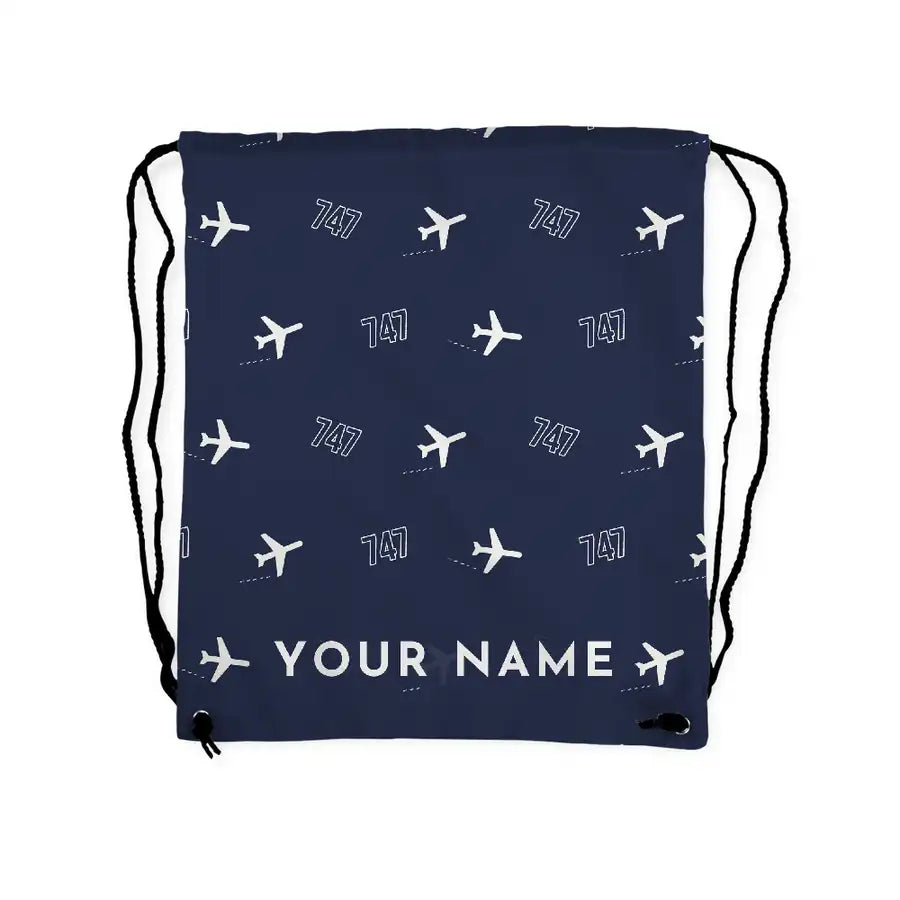 Boeing 747-400 - Drawstring Bag - 3D Pattern + Name - Navy Blue