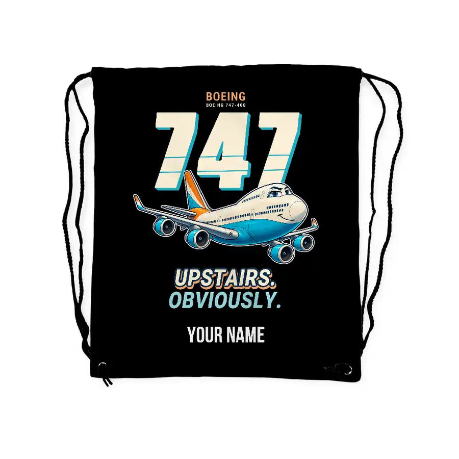 Boeing 747-400 - Drawstring Bag - Cartoon + Name - Black