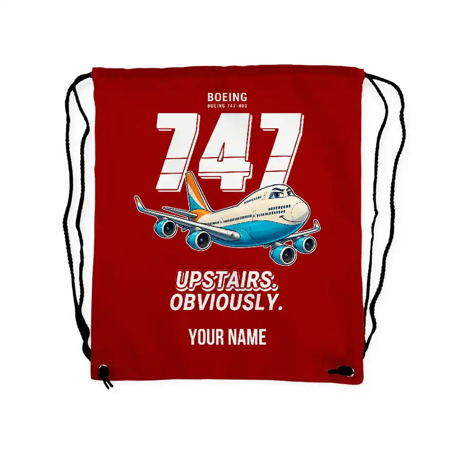 Boeing 747-400 - Drawstring Bag - Cartoon + Name - Red