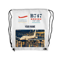 Thumbnail for Boeing 747-400 - Drawstring Bag - Classic + Name - White
