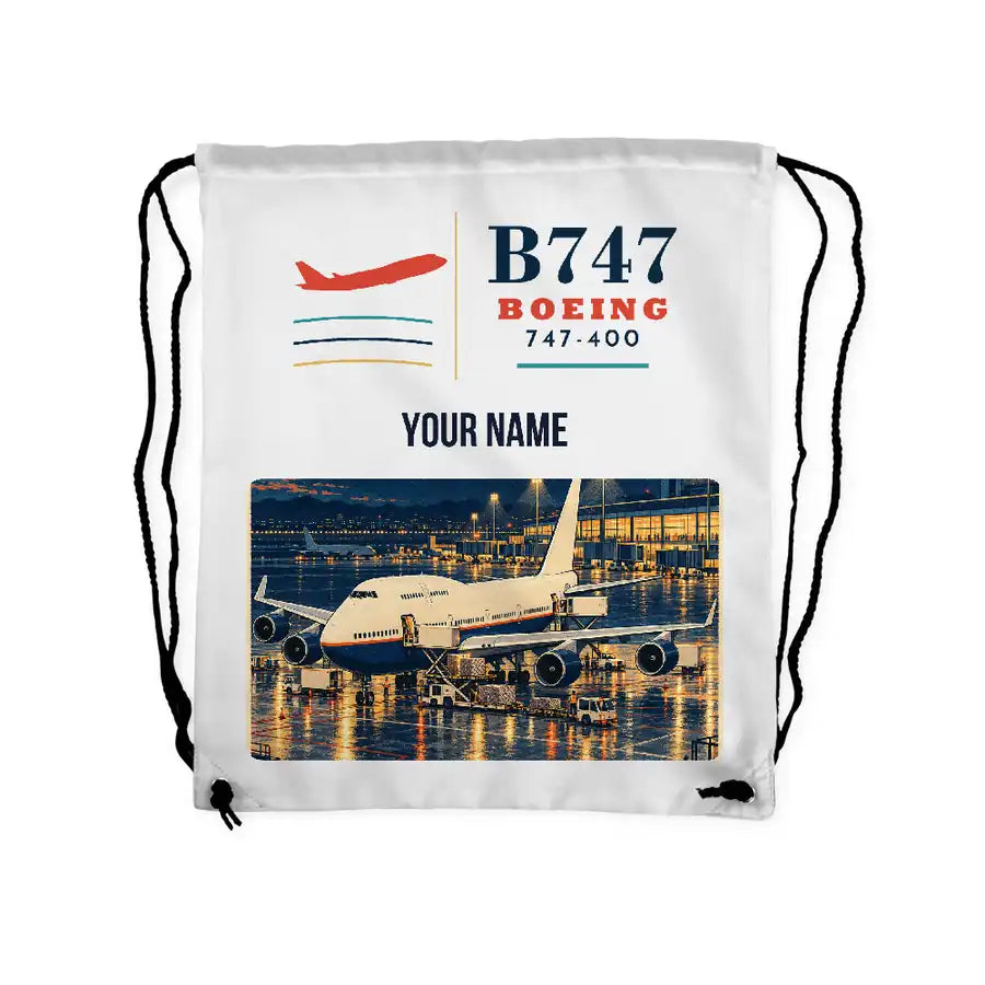 Boeing 747-400 - Drawstring Bag - Classic + Name - White
