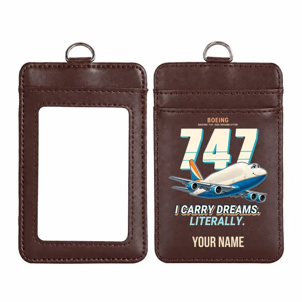 Boeing 747-400 Dreamlifter - Cartoon - ID Card Holder - Dark Brown + Name
