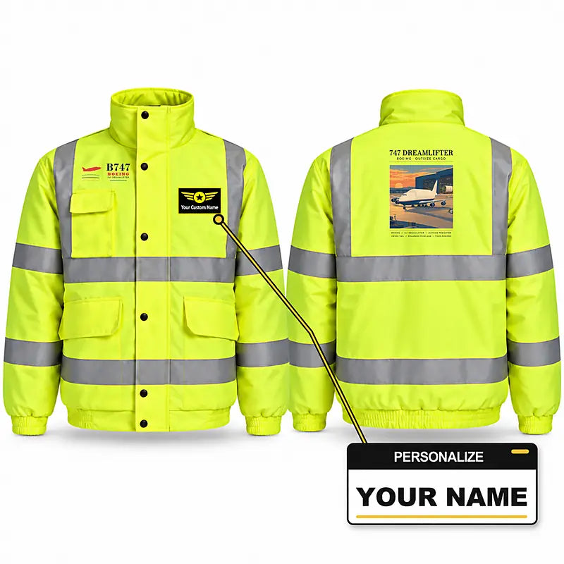 Boeing 747-400 Dreamlifter Reflective Winter Jackets - Poster + Name - Fluorescent Yellow