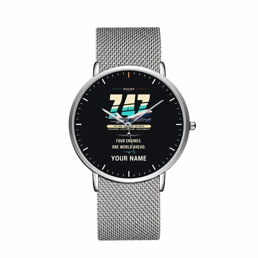 Boeing 747-400 - Original + Name - Slim Mesh - Silver and Silver Stainless Steel Strap