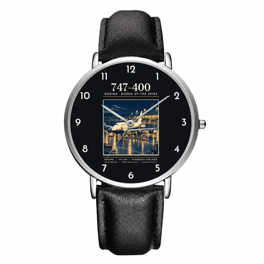 Boeing 747-400 - Poster - Slim Leather - Silver and Black Leather Strap