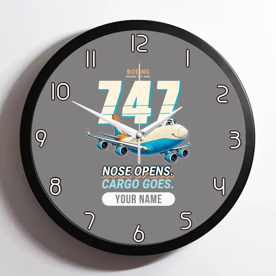 Boeing 747-400F - Cartoon + Name - Framed - Gray