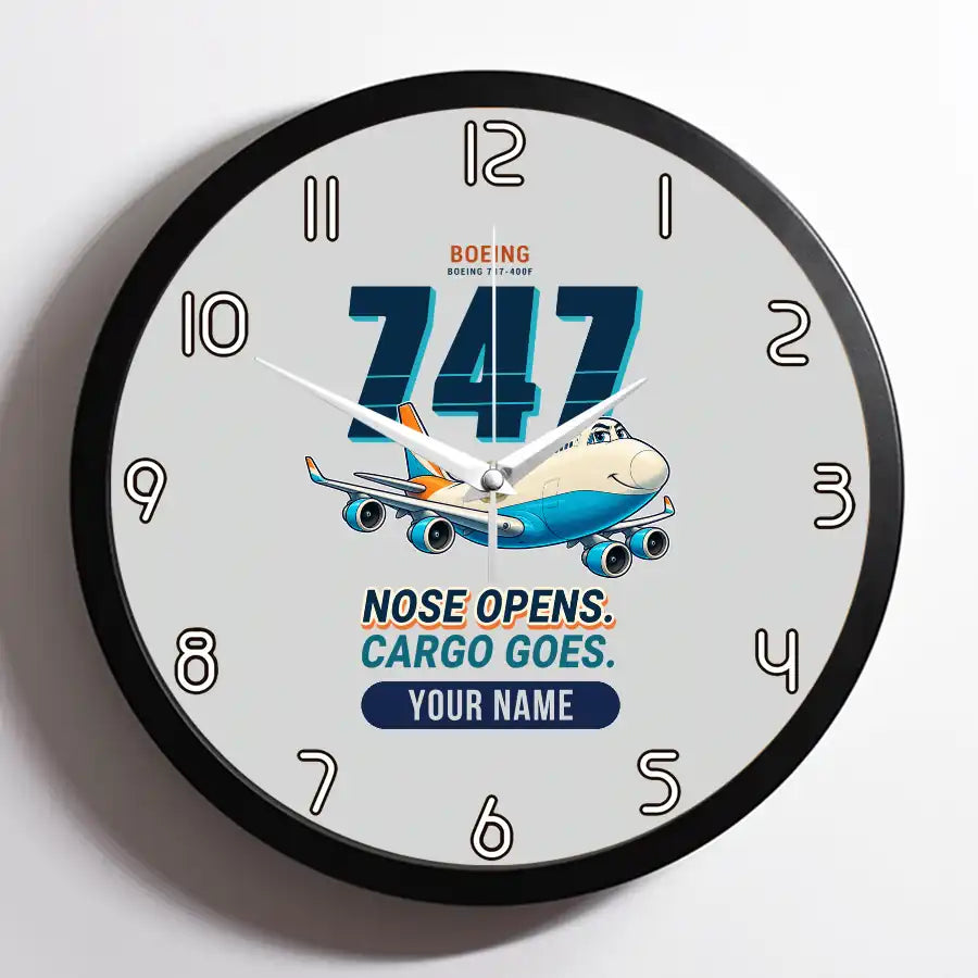 Boeing 747-400F - Cartoon + Name - Framed - Light Gray