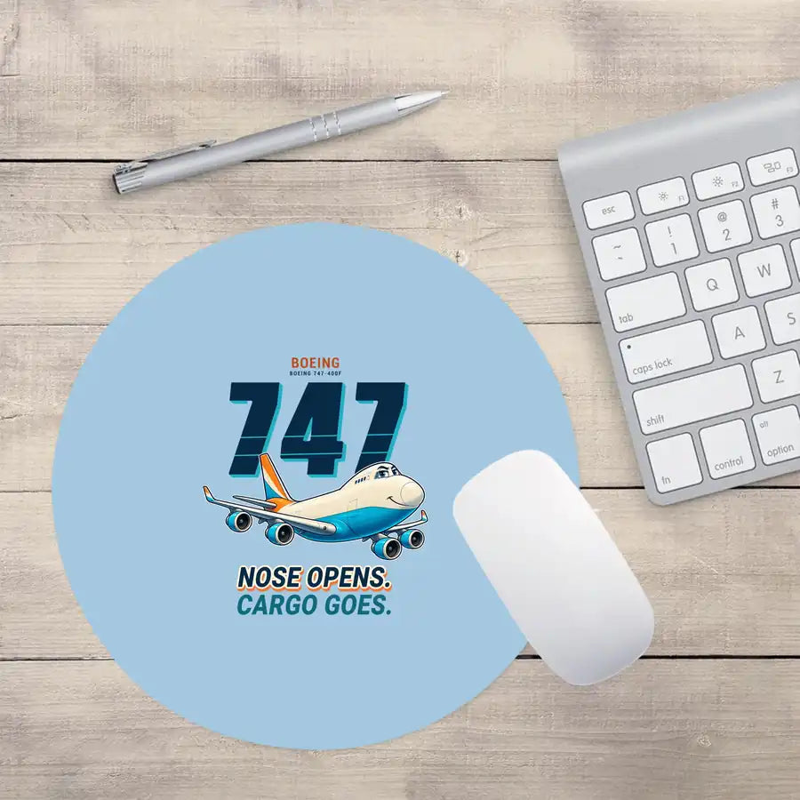 Boeing 747-400F - Cartoon - Round Mouse Pad - Light Blue