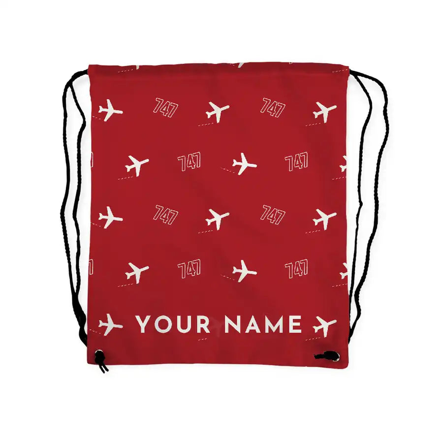 Boeing 747-400F - Drawstring Bag - 3D Pattern + Name - Red