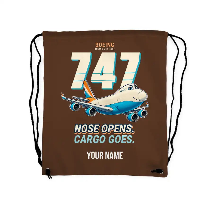 Boeing 747-400F - Drawstring Bag - Cartoon + Name - Brown